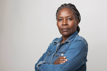 Obraz premium A poised mature African American woman stands with arms crossed, wearing a denim shirt, against a grey backdrop.