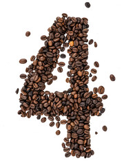 Number 4 made from roasted coffee beans on white isolated background. - 791865640