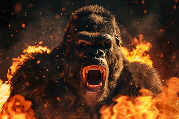 Angry gorilla with a fierce expression surrounded by a dramatic explosion of orange sparks.