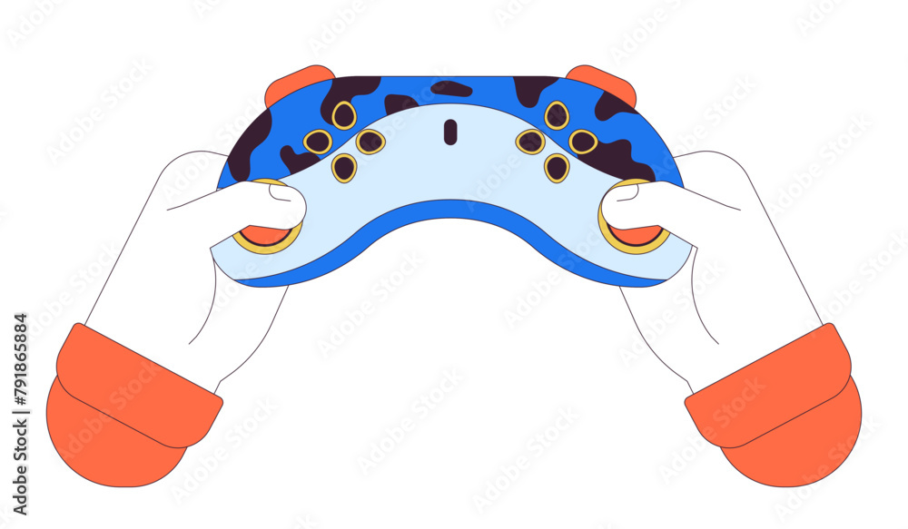 Poster holding gamepad linear cartoon character hands illustration. videogame controller buttons pressing o