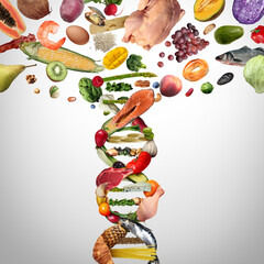 Food science and GMO foods or Genetically modified crops as engineered agriculture concept as nutrition and biotechnology and genetic manipulation through biology agricultural sciences as a DNA strand - obrazy, fototapety, plakaty