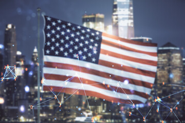 Double exposure of abstract virtual technology hologram on USA flag and blurry cityscape background. Research and development software concept