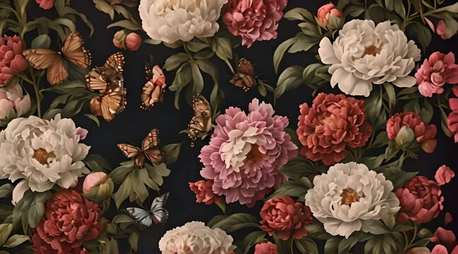 Vintage floral seamless wallpaper with skulls peoniesbutterflies Dark botanical background