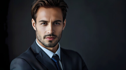 Confident Businessman in a Blue Suit Against a Dark Background