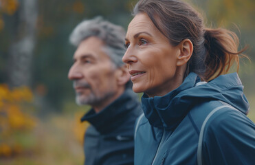 Obraz premium A mature couple, clad in outdoor wear, absorbs the beauty of an autumnal landscape, a picture of serenity and companionship amid nature.