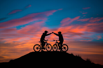 Obraz premium Two cyclists on a hilltop celebrate with a high-five against a backdrop of a spectacular sunset sky.