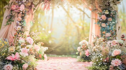 Wedding Outdoor Layout Scene Photography With Pictures Photo Background, Crystal decorations for the wedding ceremony luxurious decor Beautiful arch decorated with transparent beads  - obrazy, fototapety, plakaty