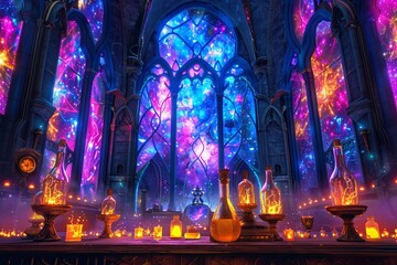 Cathedral with stained glass depicting a nebula, potion bottles glowing on the altar, mystical night, wide angle, vibrant colors
