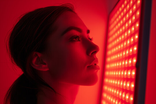 Side profile of a young woman bathed in the crimson glow of a red light therapy panel, exuding a sense of contemplation and wellness.