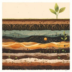 A detailed cross-section view of a soil bed with distinct layers and roots, emphasizing the intricacies of nature's growth foundation.