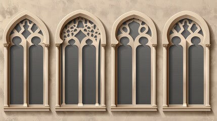 Arabic window frames on transparent background. Illustration of traditional islamic arch gates with empty insides, muslim mosque, arabian royal palace.