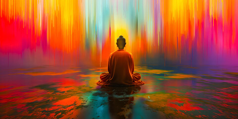 Buddha figure meditates amidst a mesmerizing backdrop of vertical color streaks that evoke the spectrum of human consciousness. Vesak day concept
