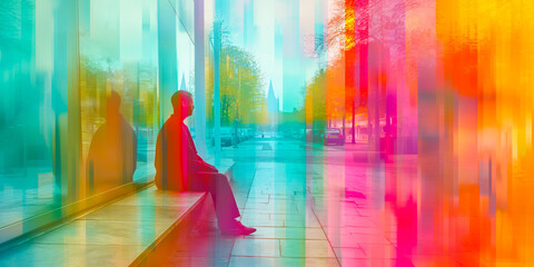 Contemplative ghostly figure sits on bench by a glass facade, their reflection mingling with the kaleidoscope of city colors in a quiet urban moment.