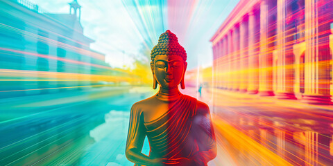Buddha statue against a blurred urban backdrop, the motion blur symbolizes the bustling world around the serene focus of meditation. Vesak day - 791867034