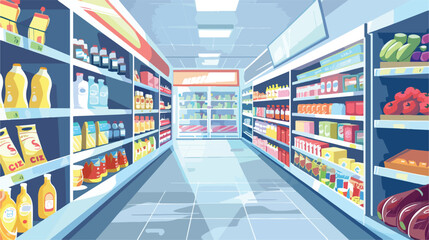 Supermarket interior flat vector illustration. Grocery