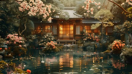 Traditional Japanese Garden and House at Dusk