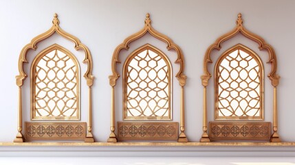 Illustration of traditional islamic arched gate frame, muslim mosque, arabian royal palace, ancient indian architecture style on white wall. - obrazy, fototapety, plakaty