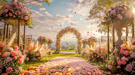 Wedding Outdoor Layout Scene Photography With Pictures Photo Background, Crystal decorations for the wedding ceremony luxurious decor Beautiful arch decorated with transparent beads  - obrazy, fototapety, plakaty