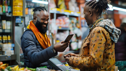 A customer makes payment at the checkout using his smartphone, They smiled at each other, enjoying the convenience and efficiency of digital payments
