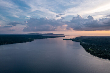 Vanuatu, Espiritu Santo Island. Evening scene with clouds. Amazing photo from height drone flight..