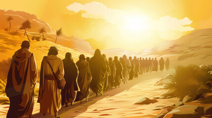 Exodus Scene Illustration Conceptual Art., Pesach celebration, Jewish Holiday, Passover sharing and celebrating 