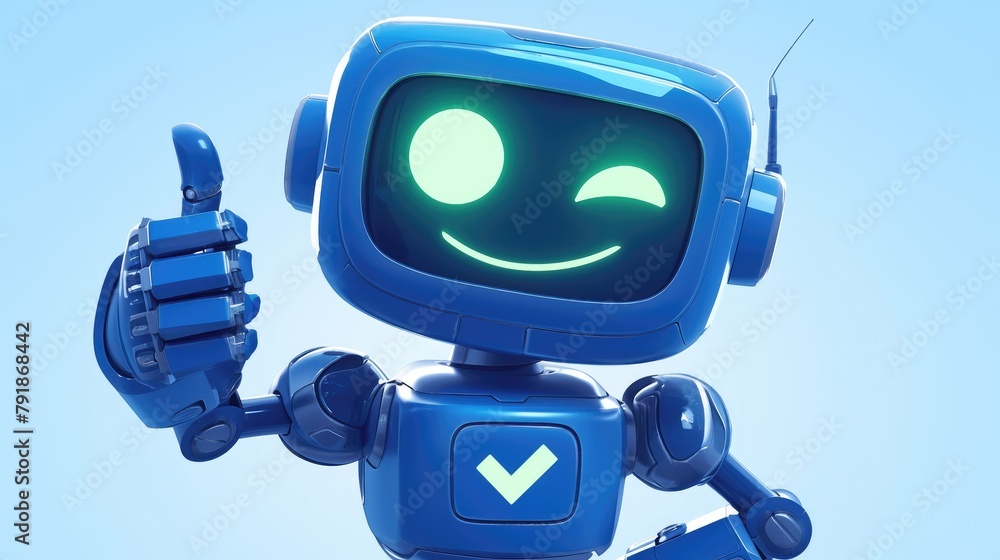 Poster a friendly cute blue robot with a green checkmark is cheerfully gazing at the camera giving a thumbs
