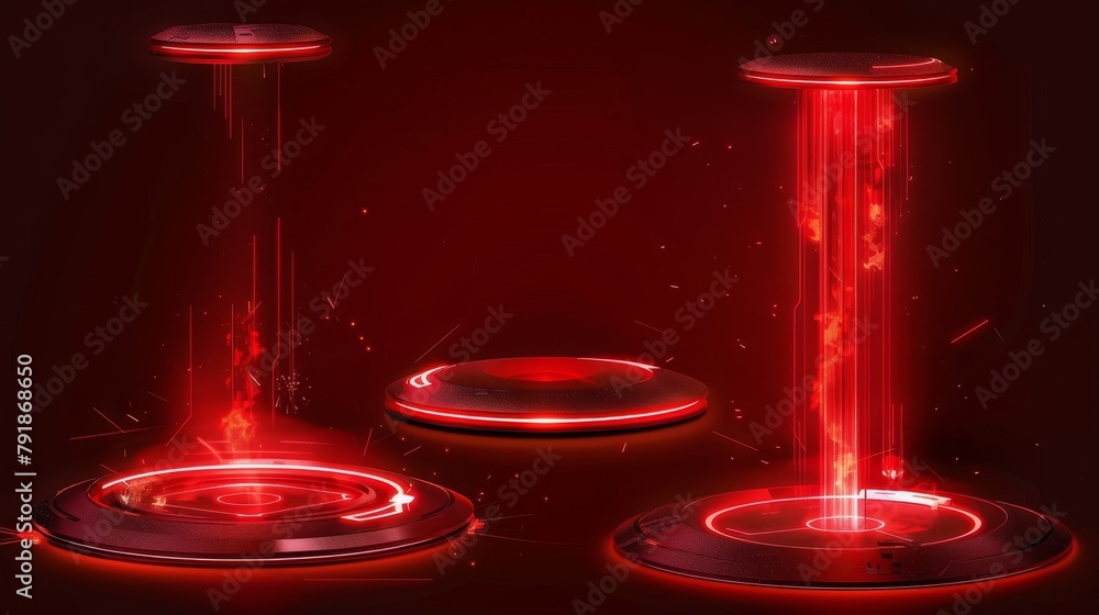 Poster red neon game portal in realistic modern illustration set. teleport podium with beams for gui design