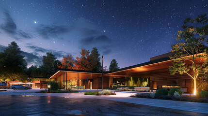 : A breathtaking 3D rendering unveiling a modern and inviting residence, with a cozy wood plank...
