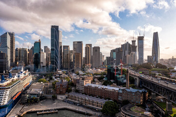 Panoramic view of Sydney. Drone photo of modern city buildings, skyscrapers, streets. Australia.