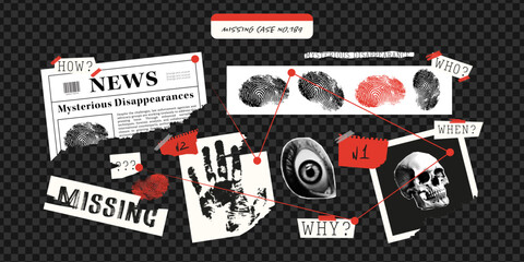 A detective board with crime investigation materials. Trendy grunge collage, torn paper, newspaper, halftone collage, fingerprints. Checkered png background.