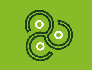 Celtic logo outline shape similar in appearance to a shamrock on green background with three small white circles - obrazy, fototapety, plakaty