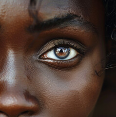 Close-up of a black woman's eyes, the beauty of an African woman, a close-up of an African woman's face