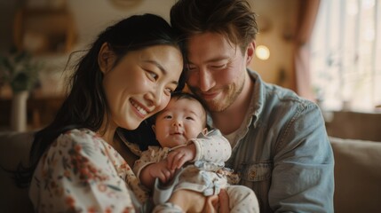 Portrait of a joyful young family with a newborn baby, parents smiling warmly