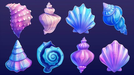 Modern illustration collection of cute underwater seashells, horned, spiral, and scallop shells for rpg GUI design. Cartoon illustration collection of cute marine underwater shells.