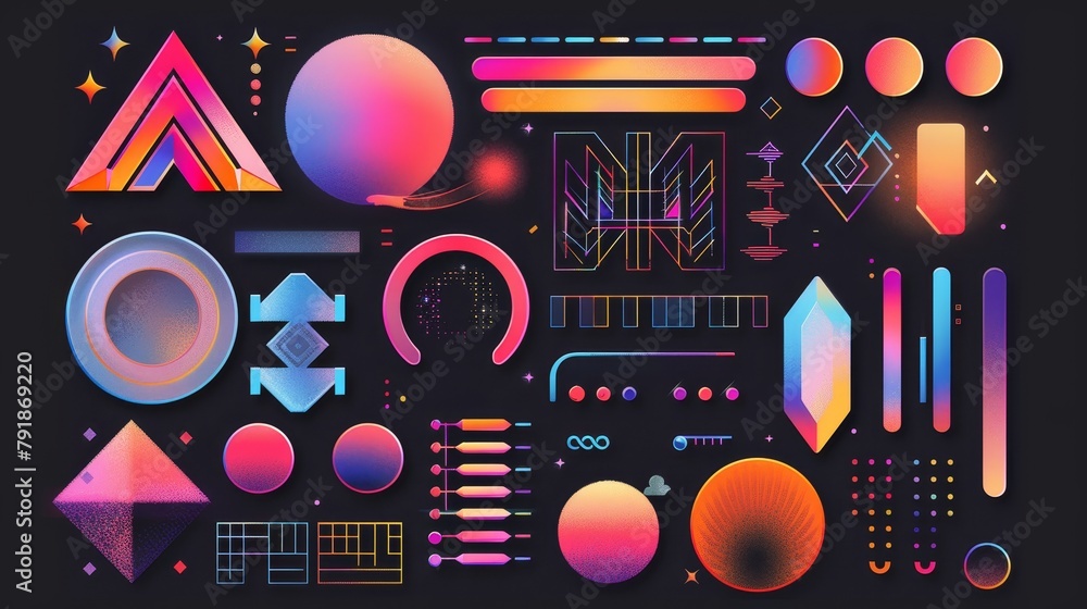 Poster abstract geometric shapes and text signs for retro futuristic 2000s and brutalist style design. funk