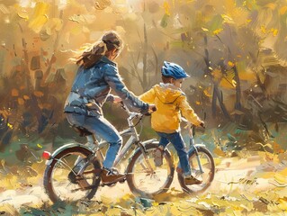 An impressionistic painting captures a mother teaching her child to ride a bike amidst the golden hues of autumn.
