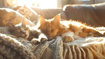 Adorable Feline and Canine Companions Reveling in the Warm Sunlit Comfort of a Plush Living Room Sofa
