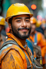Smiling hispanic Construction Worker in Safety Gear