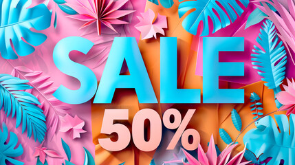 Colorful SALE 50% Promotion with Tropical Elements background
