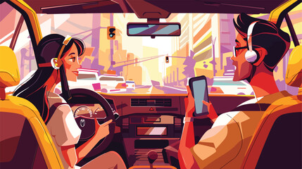 Taxi driver and young woman sitting in front seat 