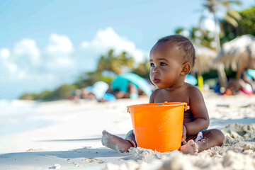 African American Baby boy Sitting with Orange Bucket on sandy Beach on summer holidays