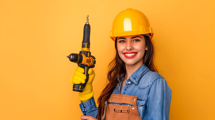 Smiling Female industrial Worker with hardhat Holding Drill on Yellow Background