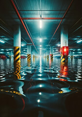 Underwater Parking Lot. Submerged Cars in Flooded Parking. Flood consequences. Concept climat change.