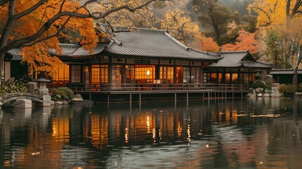 Fototapeta premium Traditional Japanese House with Autumn Foliage Reflection on Water