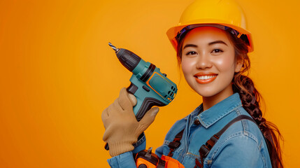 Smiling Asian Woman with Hard Hat Holding Power Drill on yellow background
