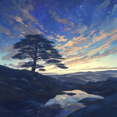 Experience the Ethereal Beauty of a Storied Landscape with this Breathtaking Image Featuring a Weather-Worn Pine Tree Silhouette and a Sunrise