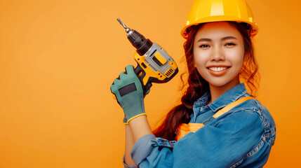 Happy Young Female asian Worker with hardhat holds Drill on yellow Background