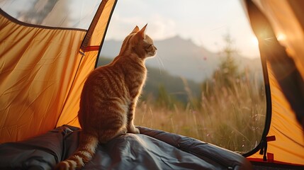 Mischievous Orange Tabby Cat on the Edge of a Camping Tent Gazing at Scenic Mountain Landscape
