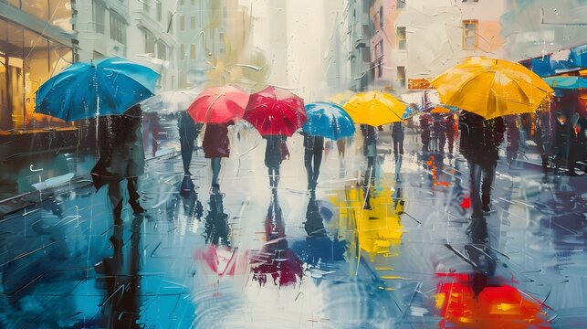 Rainy City Street with Colorful Umbrellas Reflected in Puddles Dreamlike Impressionist Cityscape