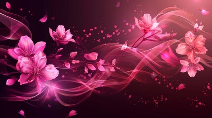 Realistic modern illustration set of abstract air sprays or splashes of bright neon mist with pink aroma and cherry or sakura tree petals. Swirl of fragrant smoke.